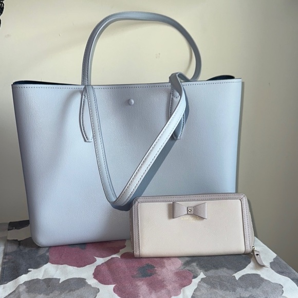 Kate Spade ♠️ Bleeker Large Light Blue Tote and Ribbon Wallet Set EUC - Picture 6 of 6